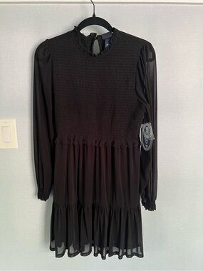 NWT SCOOP NYC Black Long-Sleeve Smocked Yoke Tiered Dress, sz XS